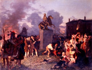 Nova iorquinos derrubando a estátua do rei da Inglaterra